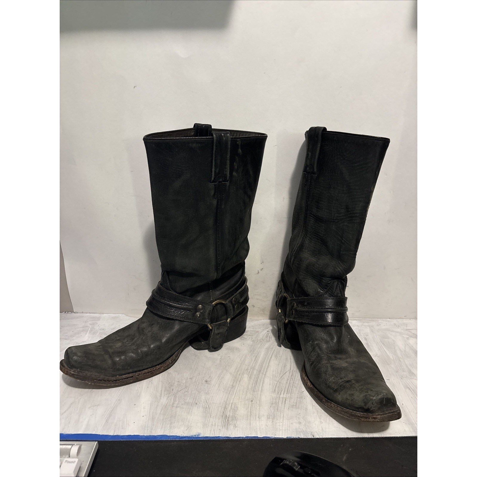 Stetson Men's Heritage Harness Motorcycle Boots Square Toe Size 10d Bottom Worn